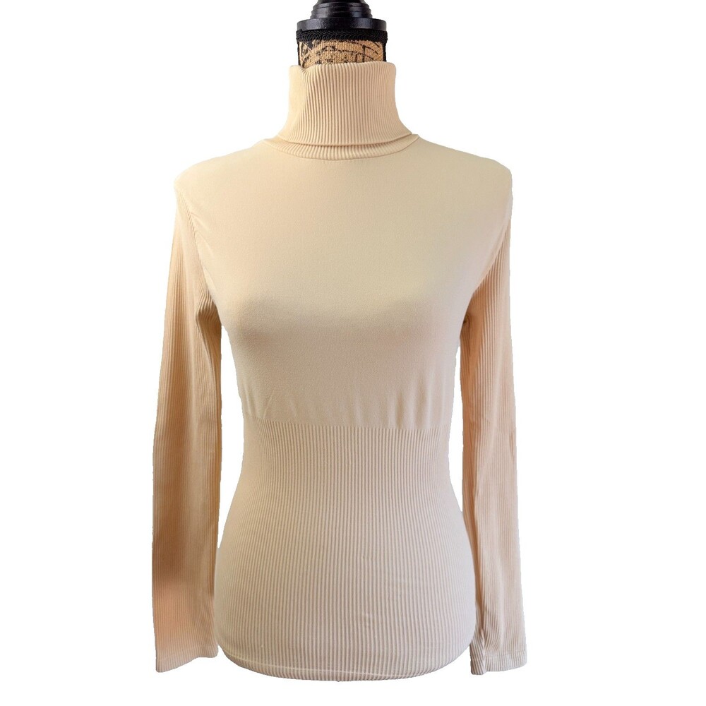 Vintage Bebe Y2K Turtleneck Top Ivory Ribbed Microfiber Stretch Sz M/L Made USA